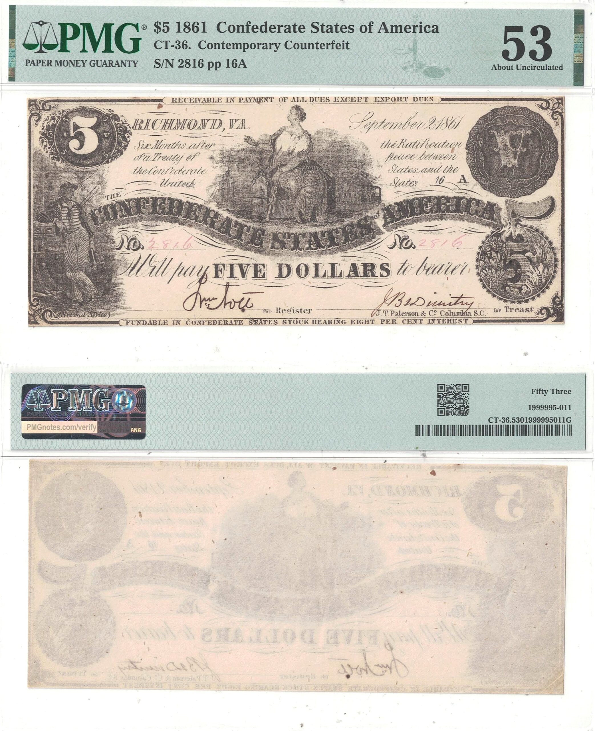 1861 $5 Confederate Note CT-36 PMG AU-53