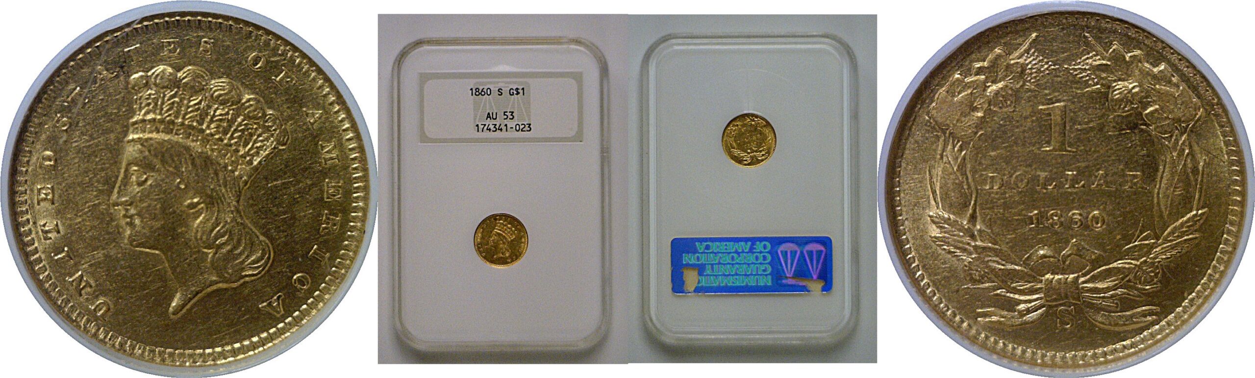 1860-S One Dollar Gold Coin   NGC AU-53