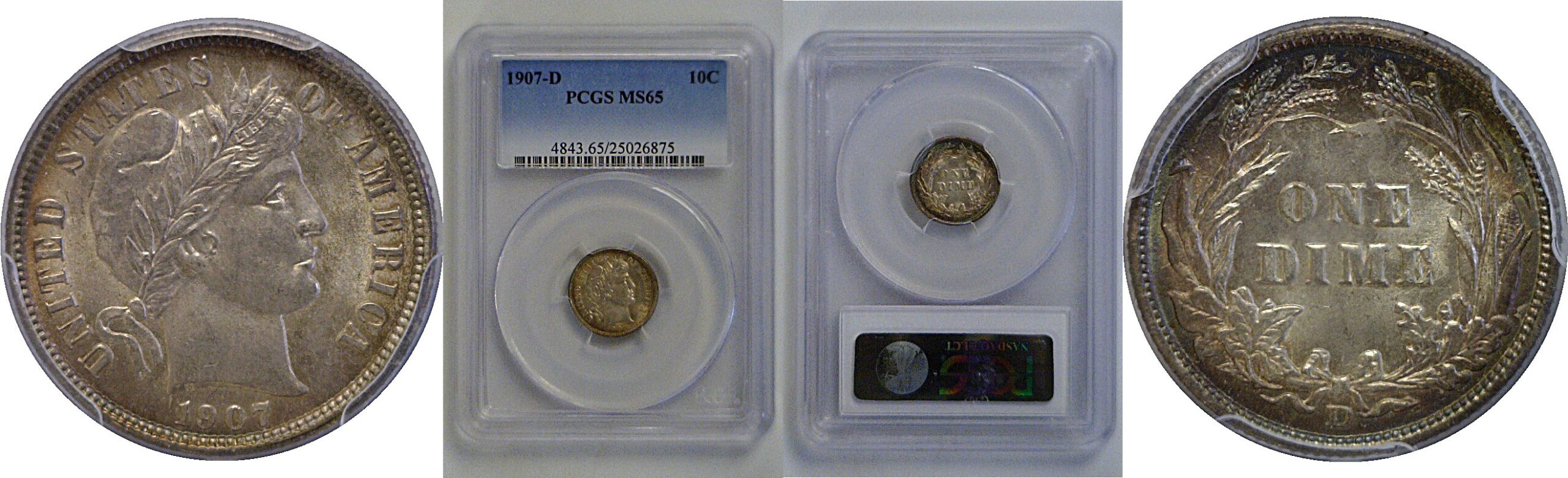 1907-D Barber Dime   PCGS MS-65