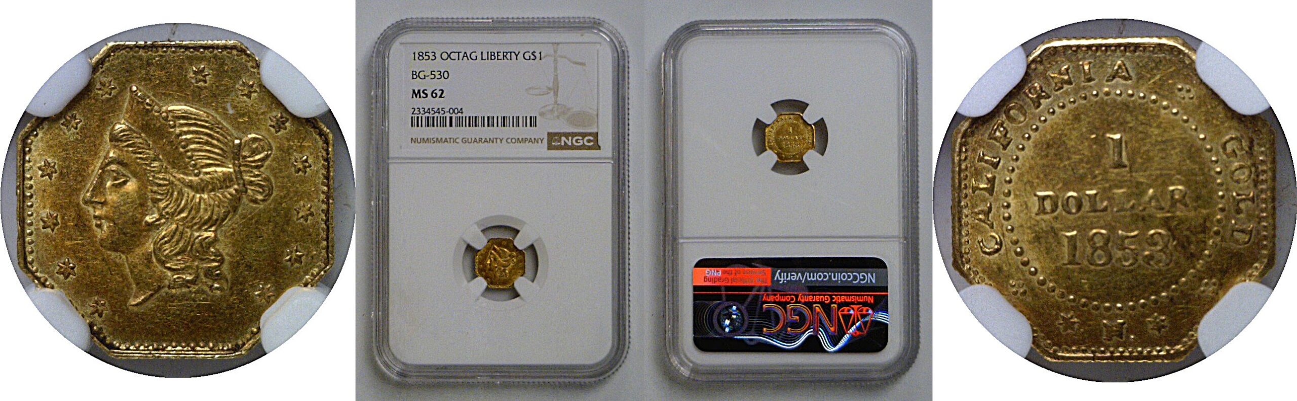 1853 $1 California Fractional Gold  BG-530   NGC MS-62