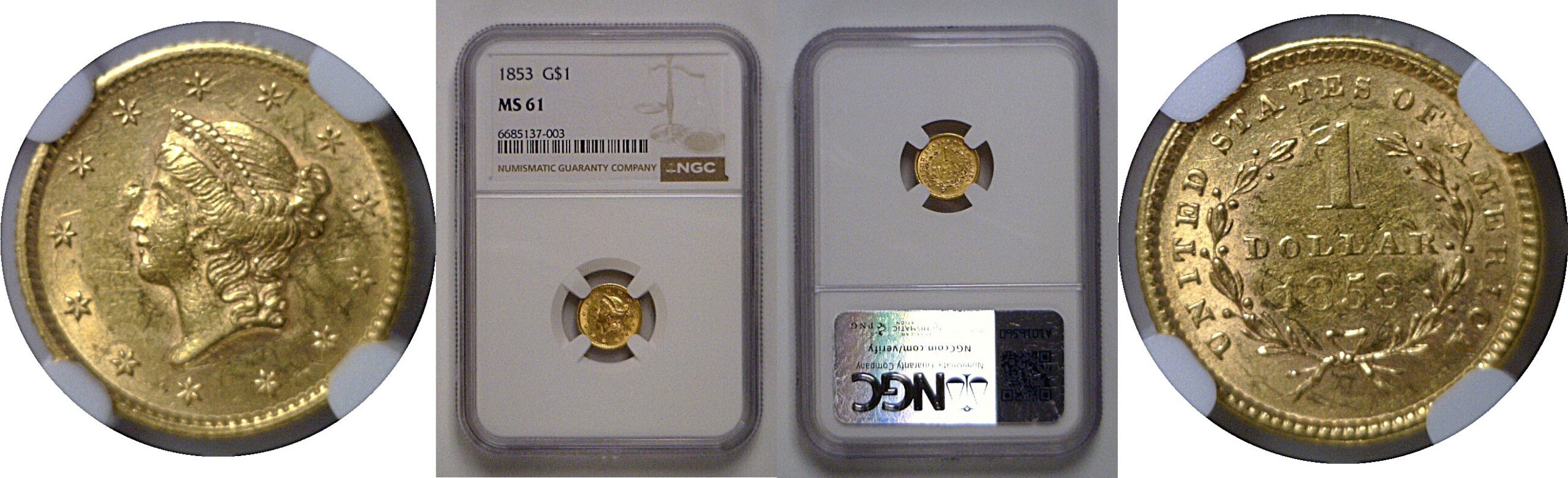 1853 One Dollar Gold Coin   NGC MS-61