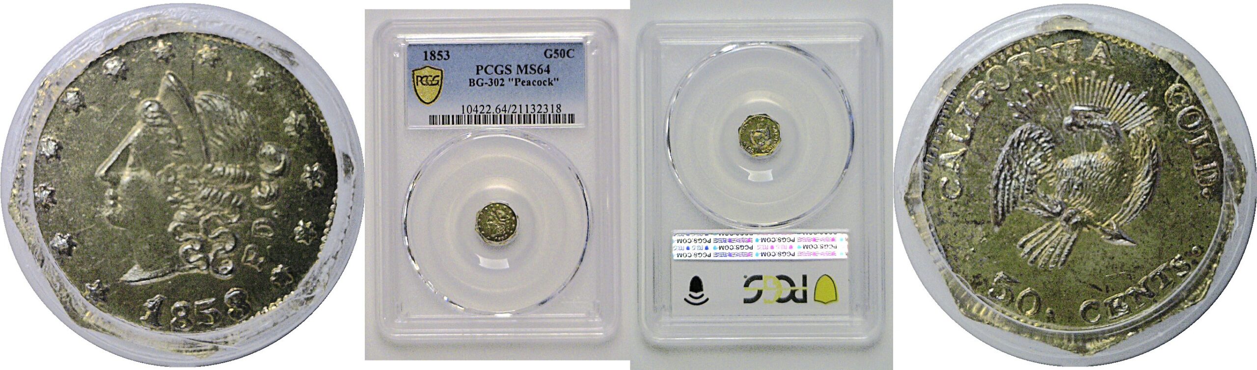 1853 50c  California Fractional Gold BG-302 "Peacock"   PCGS MS-64