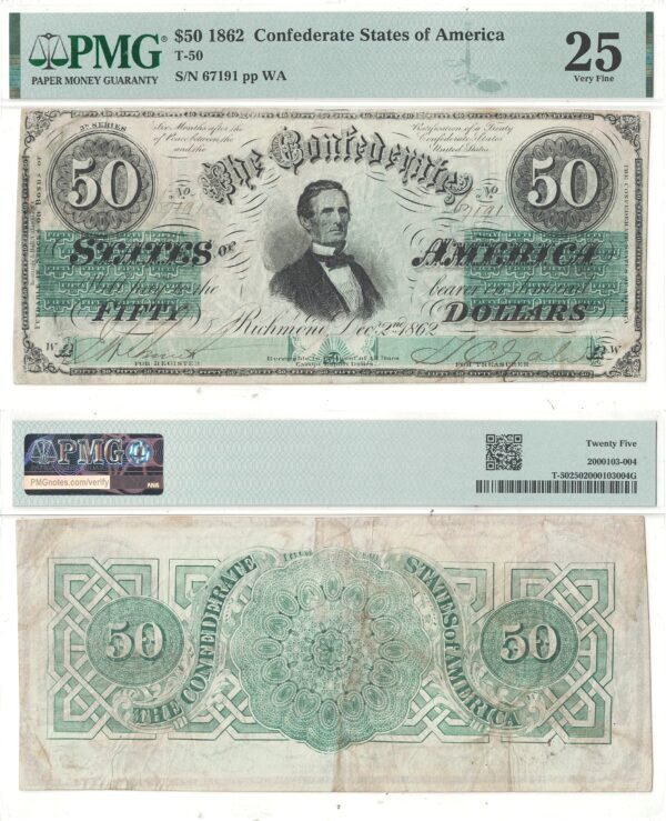 1862 $50 Confederate Note T-50 PMG VF-25