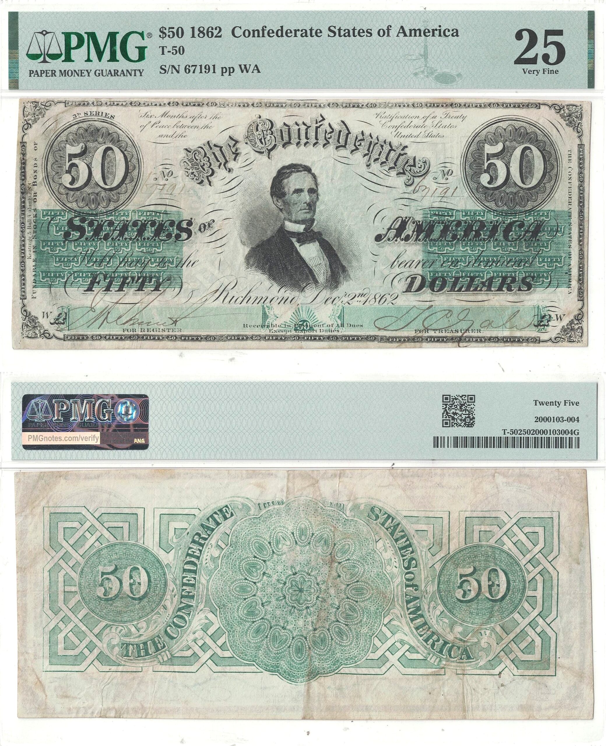 1862 $50 Confederate Note T-50 PMG VF-25