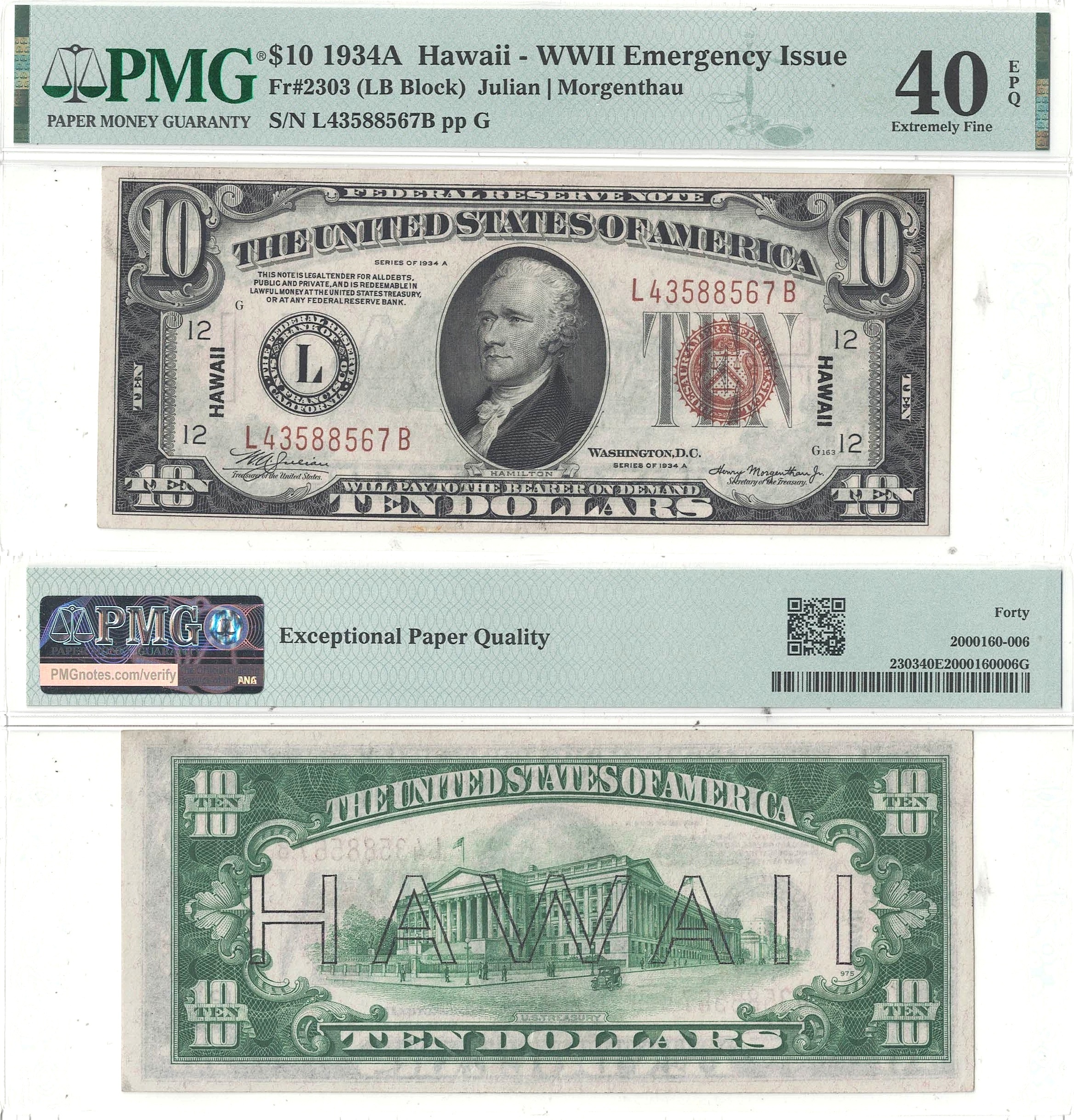 1934-A $10 Hawaii Fr-2303 PMG XF-40 EPQ
