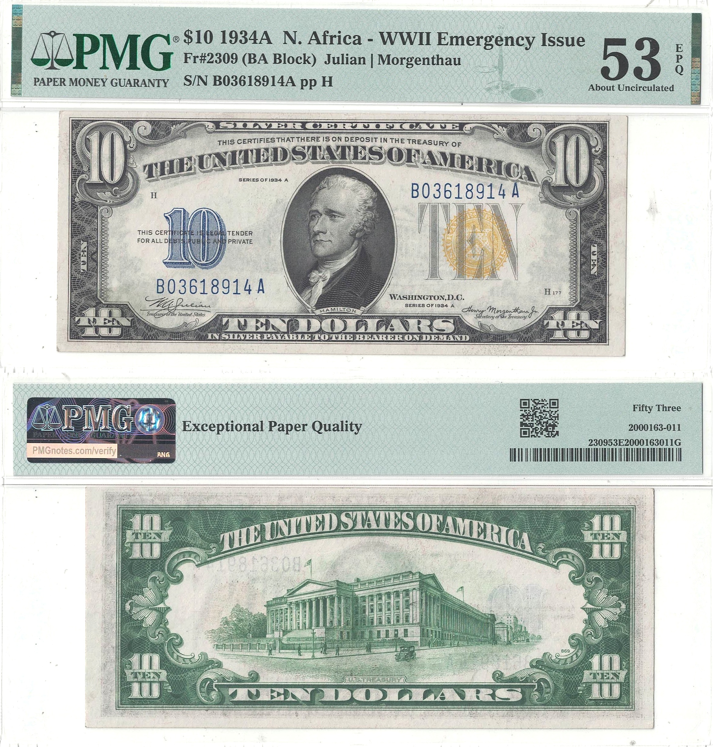1934-A $10 North Africa Fr-2309 PMG AU-53 EPQ