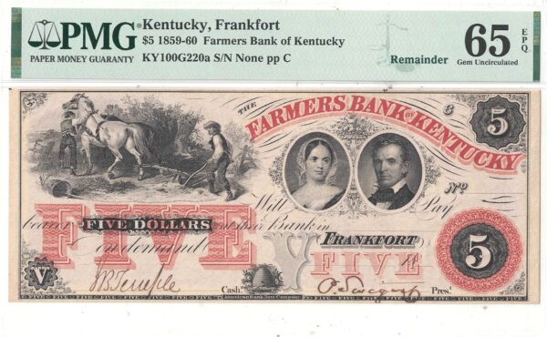 1859-60 $5 Obsolete Frankfort, Kentucky PMG Gem CU-65 EPQ - Image 2