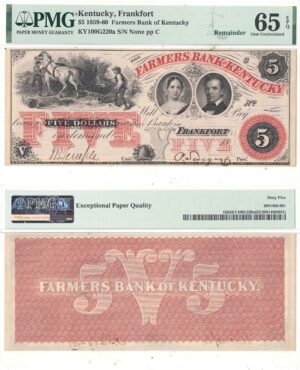 1859-60 $5 Obsolete Frankfort, Kentucky PMG Gem CU-65 EPQ