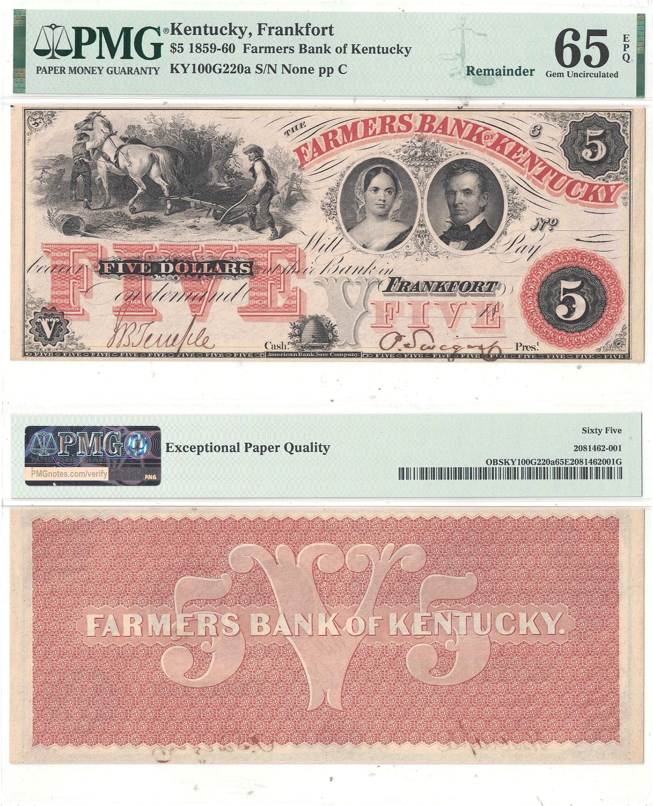 1859-60 $5 Obsolete Frankfort, Kentucky PMG Gem CU-65 EPQ