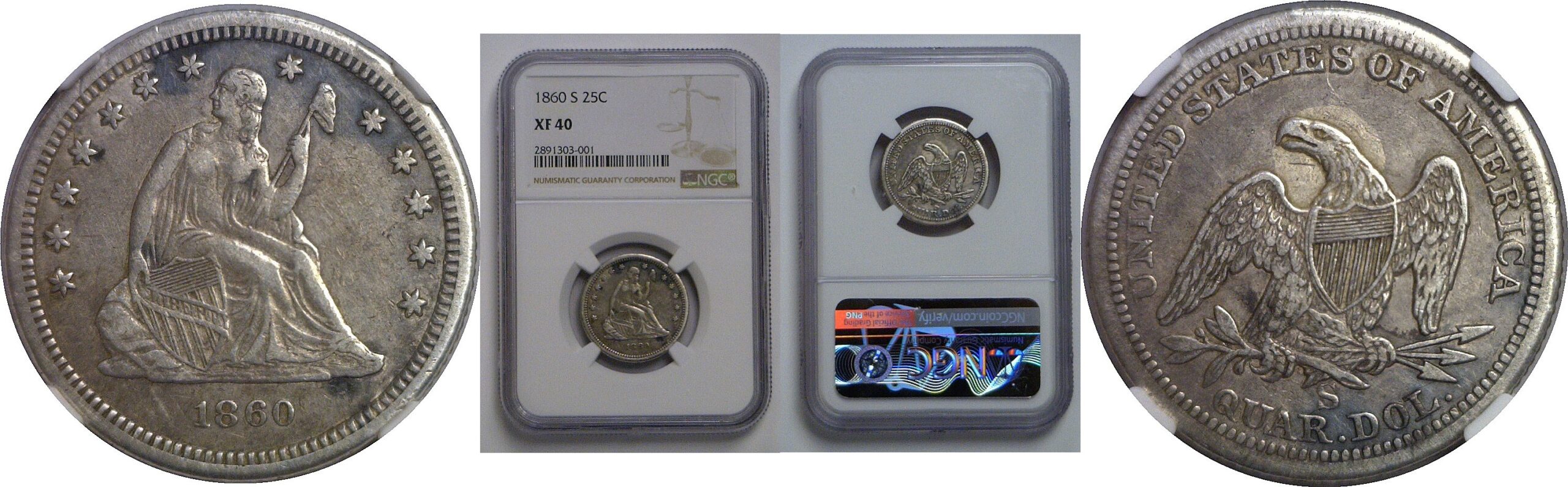 1860-S Seated Liberty Quarter    NGC XF-40