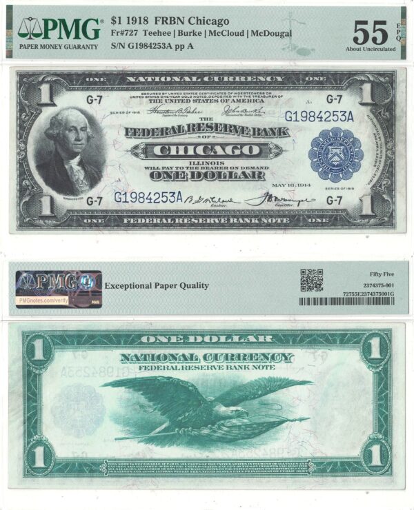 1918 $1 Federal Reserve Bank Note Fr-727 PMG AU-55 EPQ