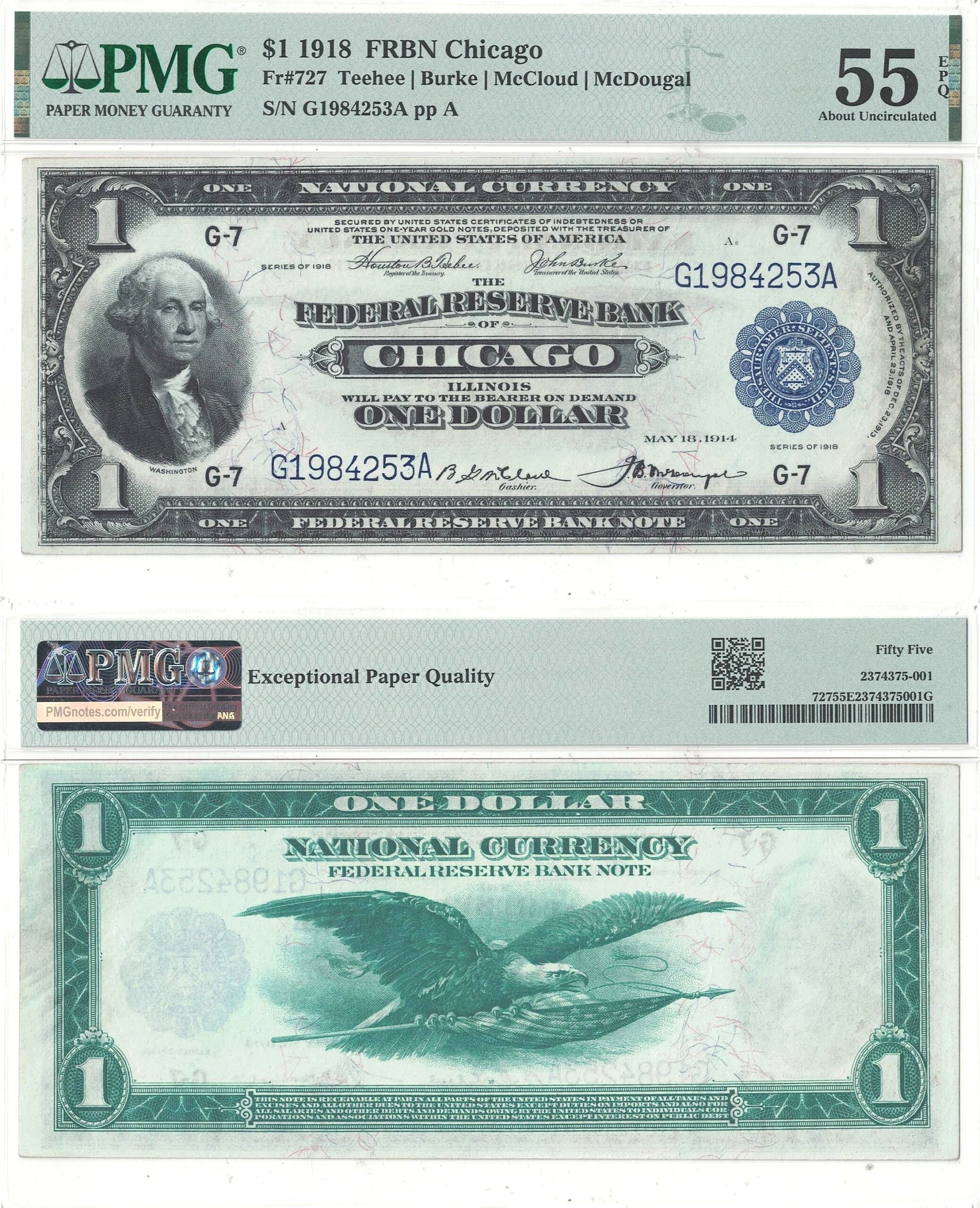 1918 $1 Federal Reserve Bank Note Fr-727 PMG AU-55 EPQ