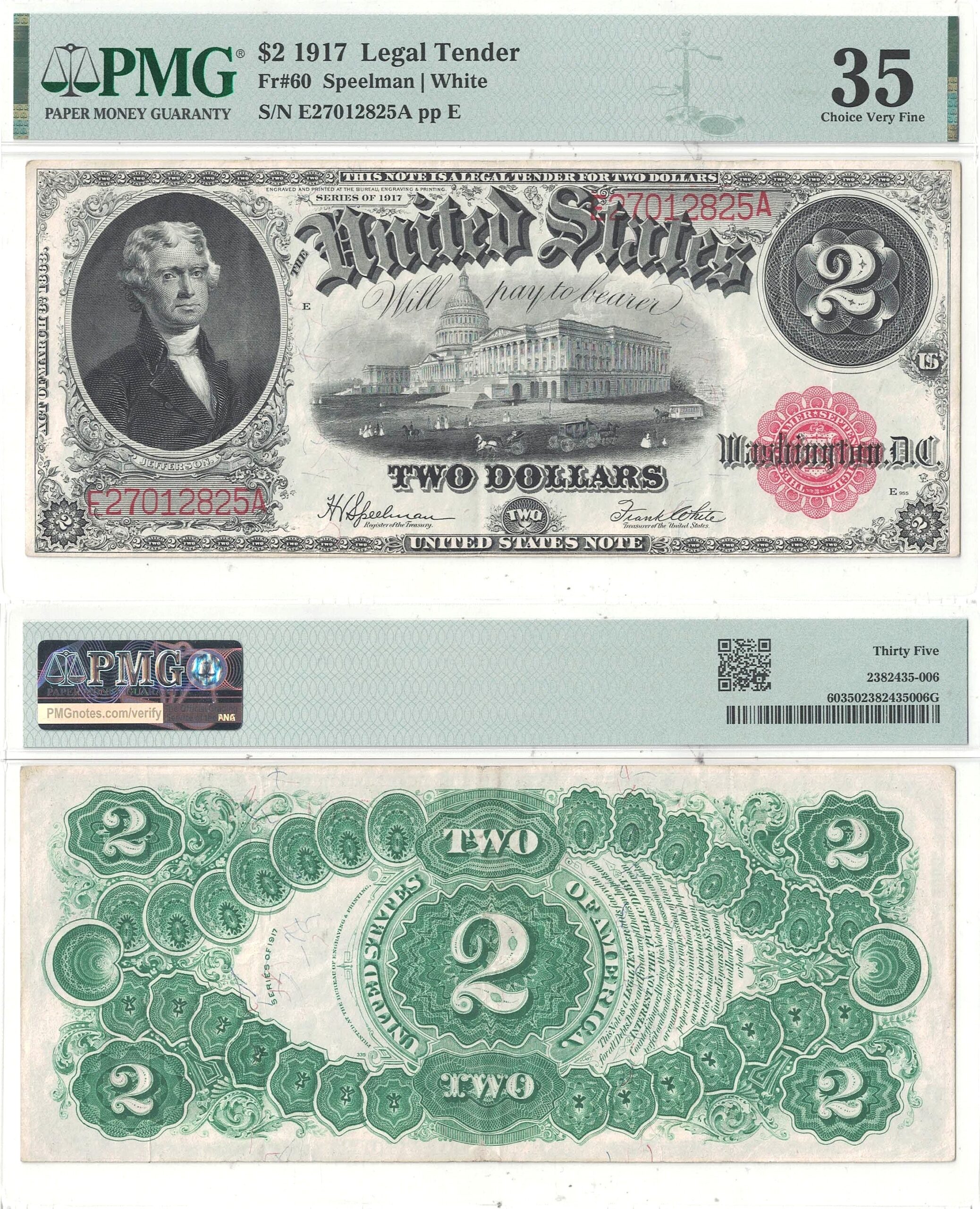 1917 $2 Legal Tender Note Fr-60 PMG VF-35