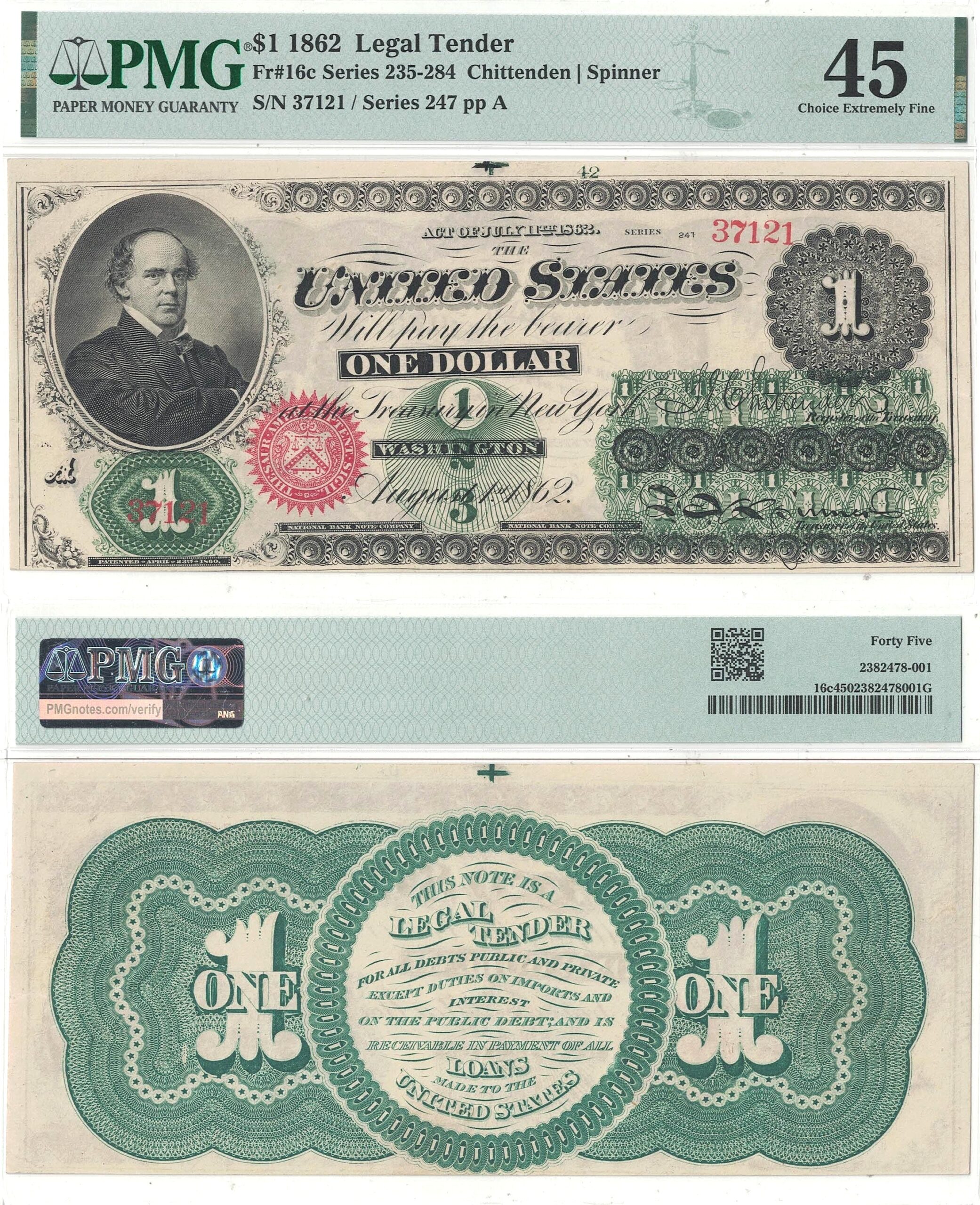 1862 $1 Legal Tender Note Fr-16c PMG XF-45