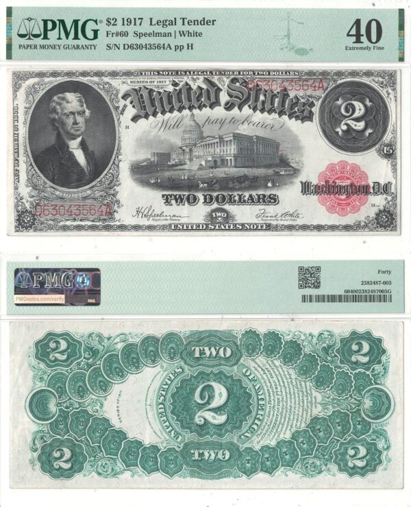 1917 $2 Legal Tender Note Fr-60 PMG XF-40