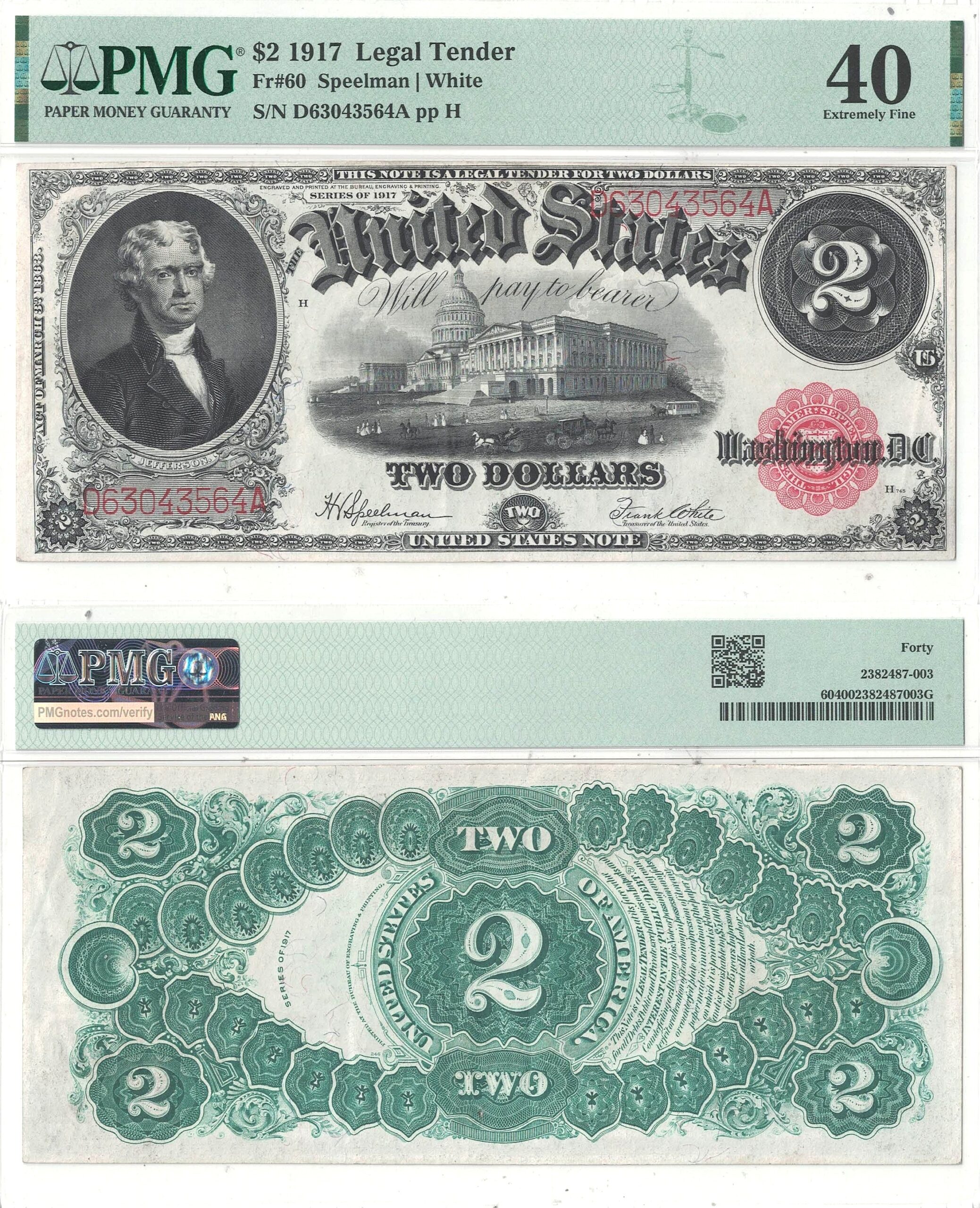 1917 $2 Legal Tender Note Fr-60 PMG XF-40