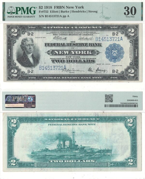 1918 $2 Federal Reserve Bank Note Fr-752 PMG VF-30