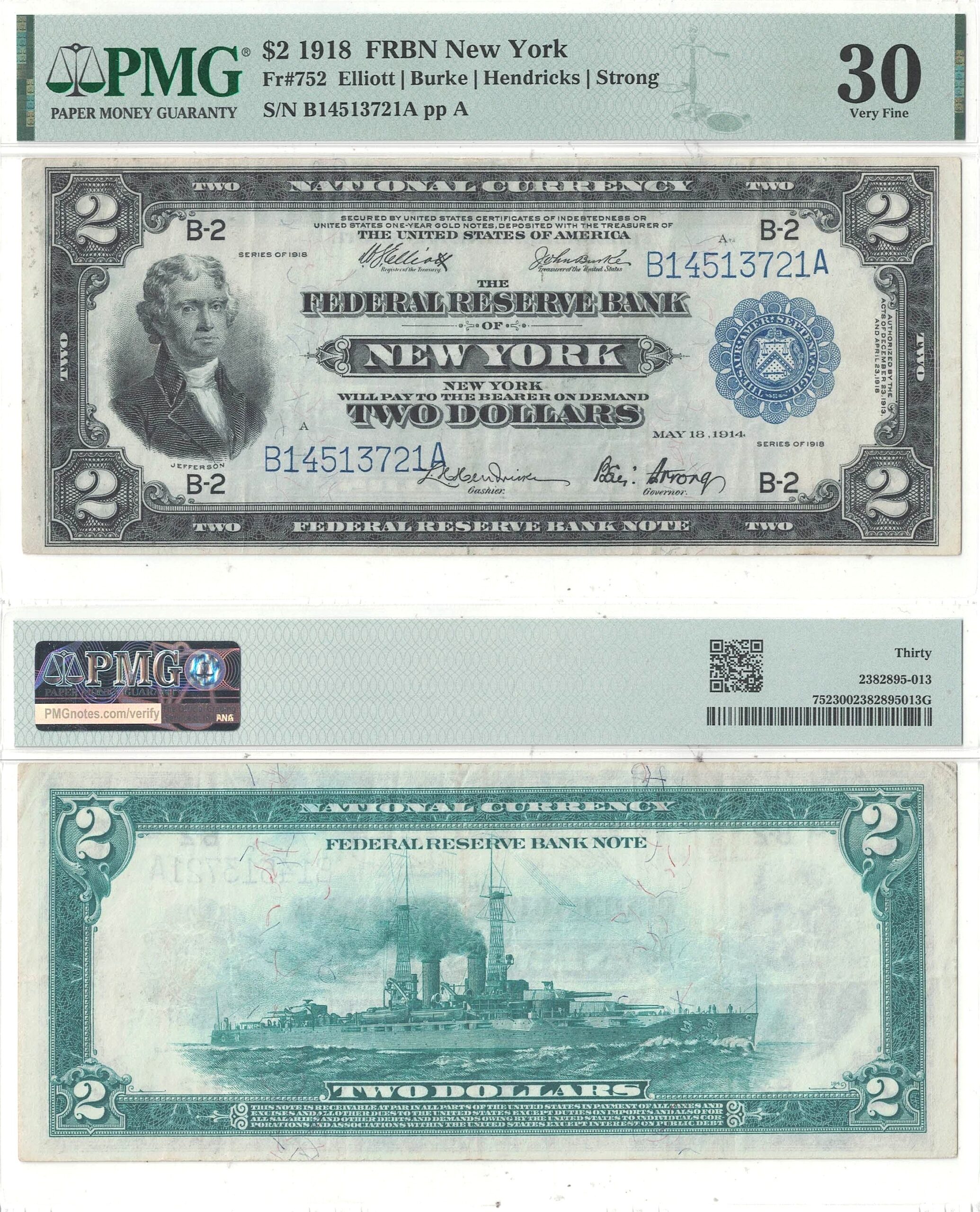 1918 $2 Federal Reserve Bank Note Fr-752 PMG VF-30