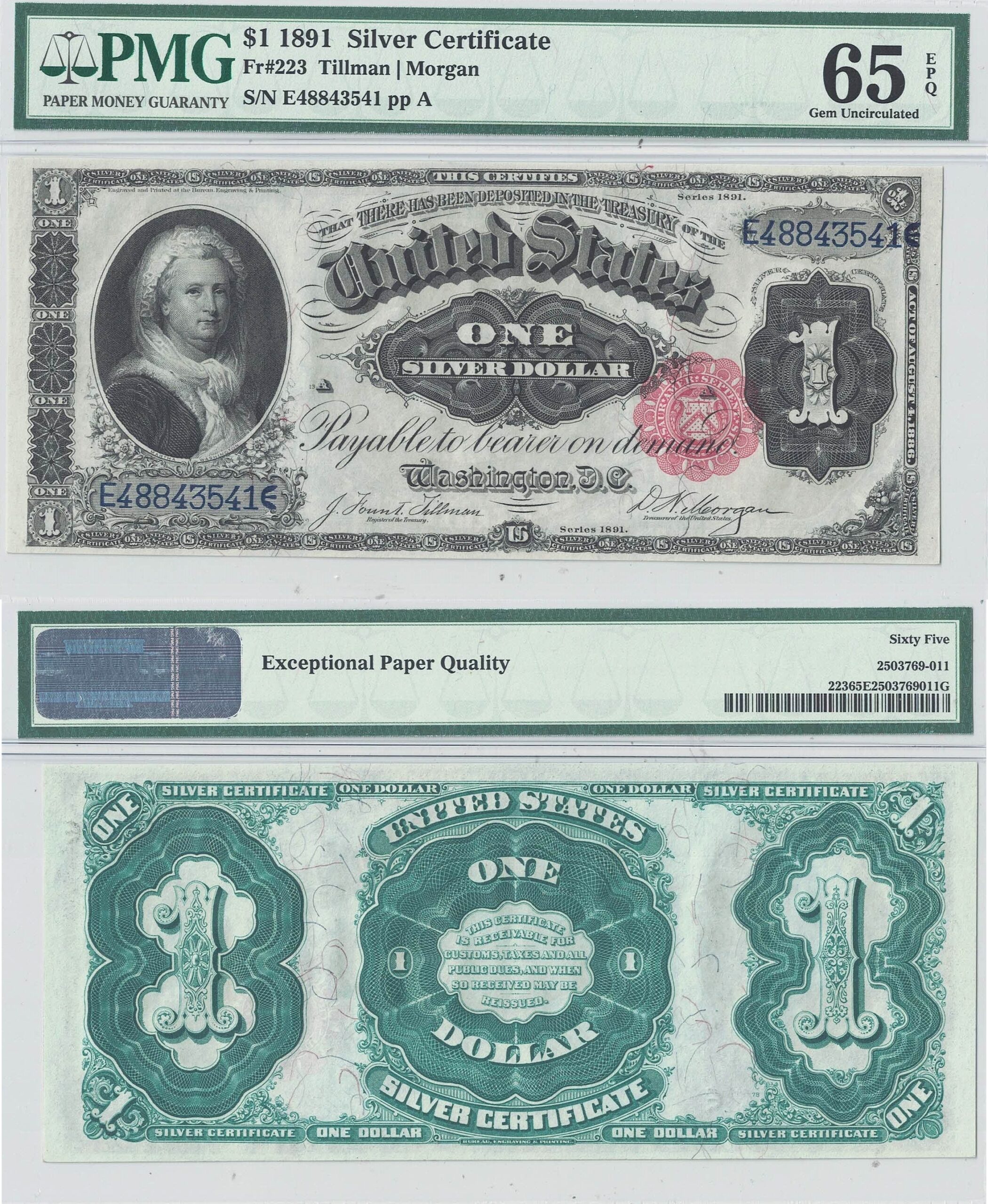 1891 $1 Silver Certificate Fr-223 PMG Gem CU-65 EPQ