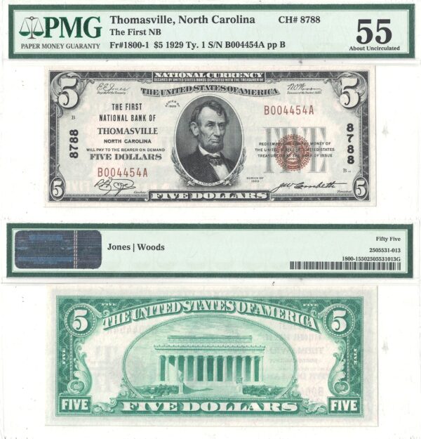 1929 $5 Thomasville, North Carolina Charter 8788 PMG AU-55