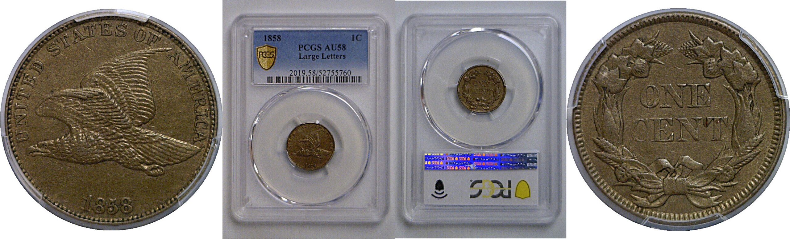 1858 Large Letters  Flying eagle Cent   PCGS AU-58