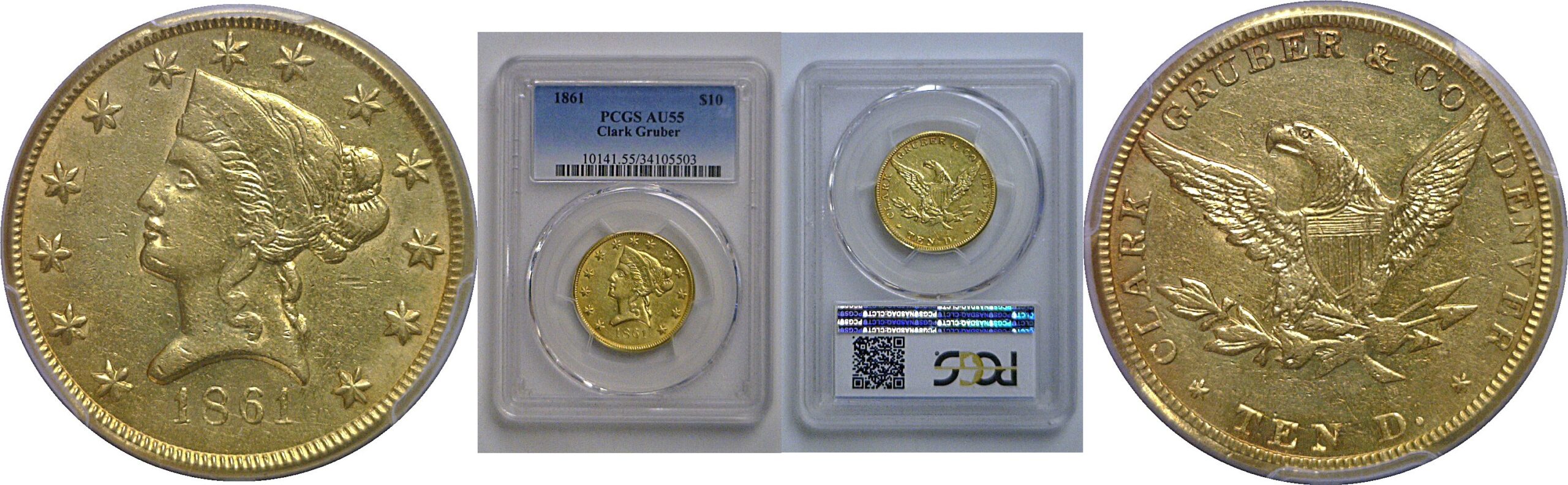 1861 $10 Clark, Gruber & CO.   PCGS AU-55