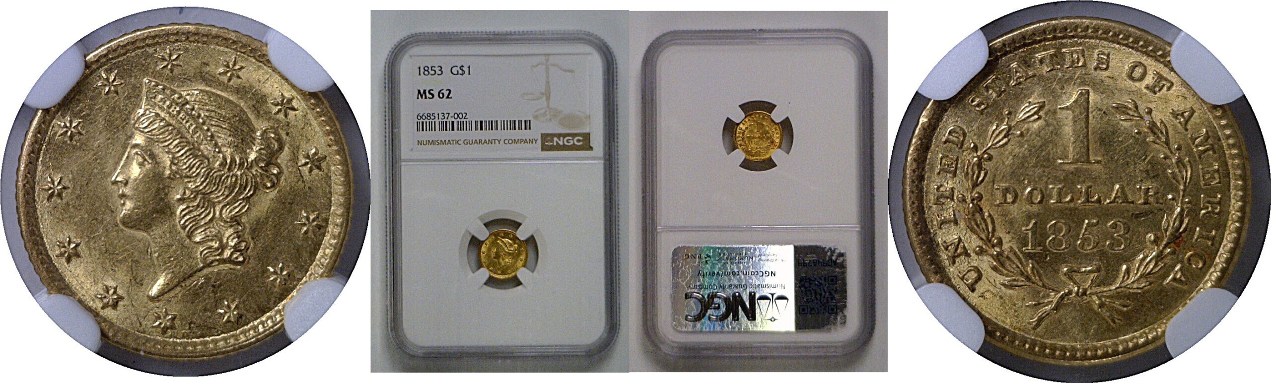 1853 One Dollar Gold Coin   NGC MS-62