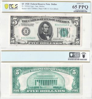 1928 $5 Federal Reserve Note Fr-1950-K PCGS Gem CU-65 PPQ