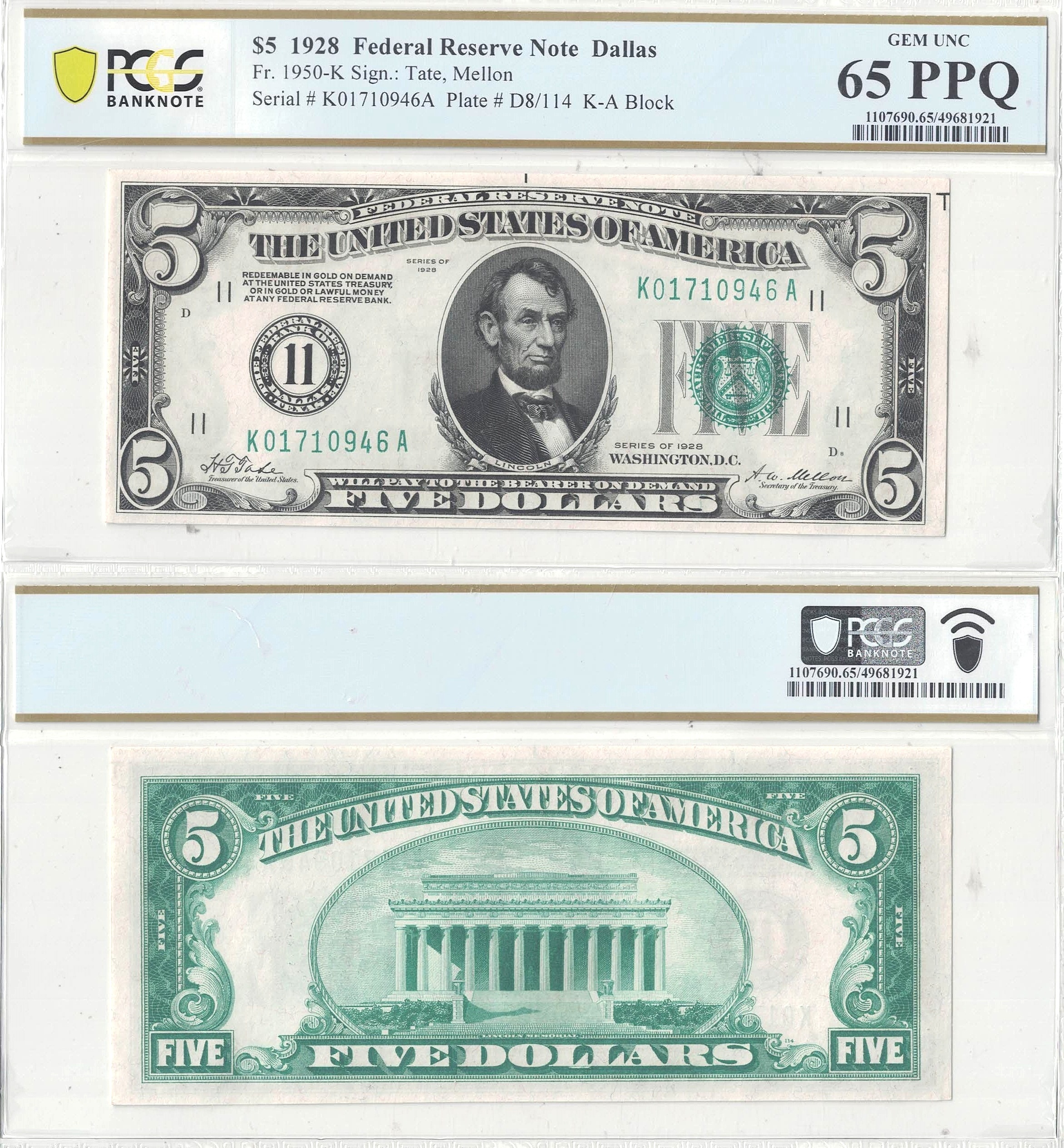 1928 $5 Federal Reserve Note Fr-1950-K PCGS Gem CU-65 PPQ