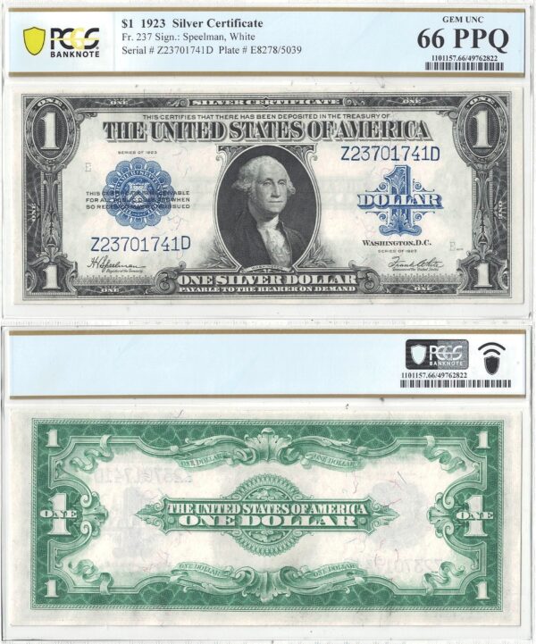 1923 $1 Silver Certificate Fr-237 PCGS Gem 66 PPQ
