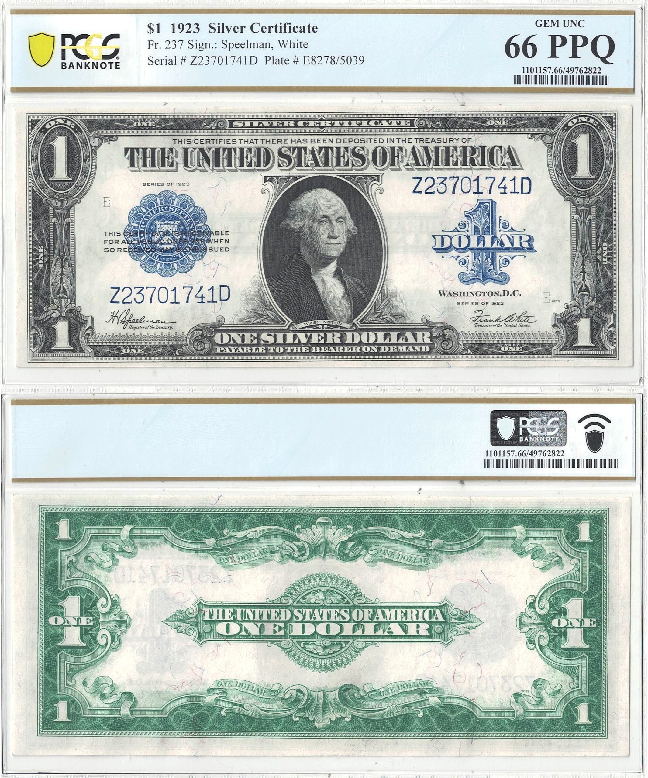 1923 $1 Silver Certificate Fr-237 PCGS Gem 66 PPQ