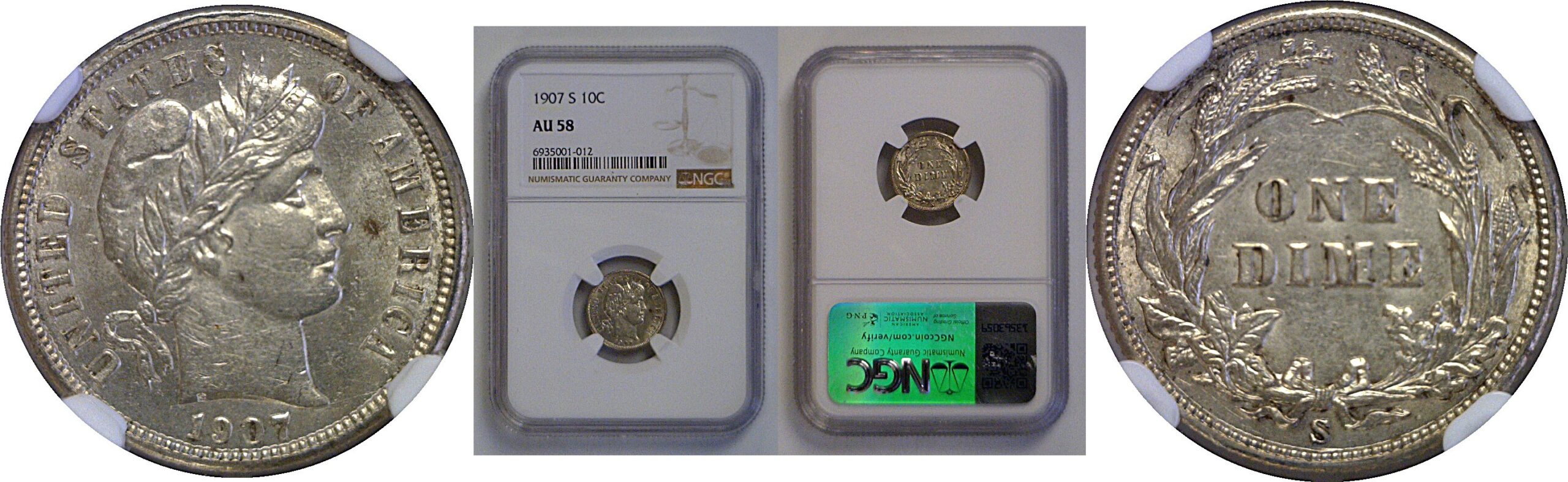 1907-S Barber Dime   NGC AU-58