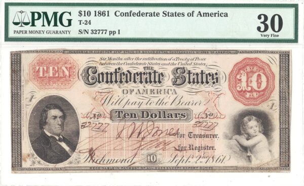 1861 $10 Confederate Note T-24 PMG VF-30 - Image 2