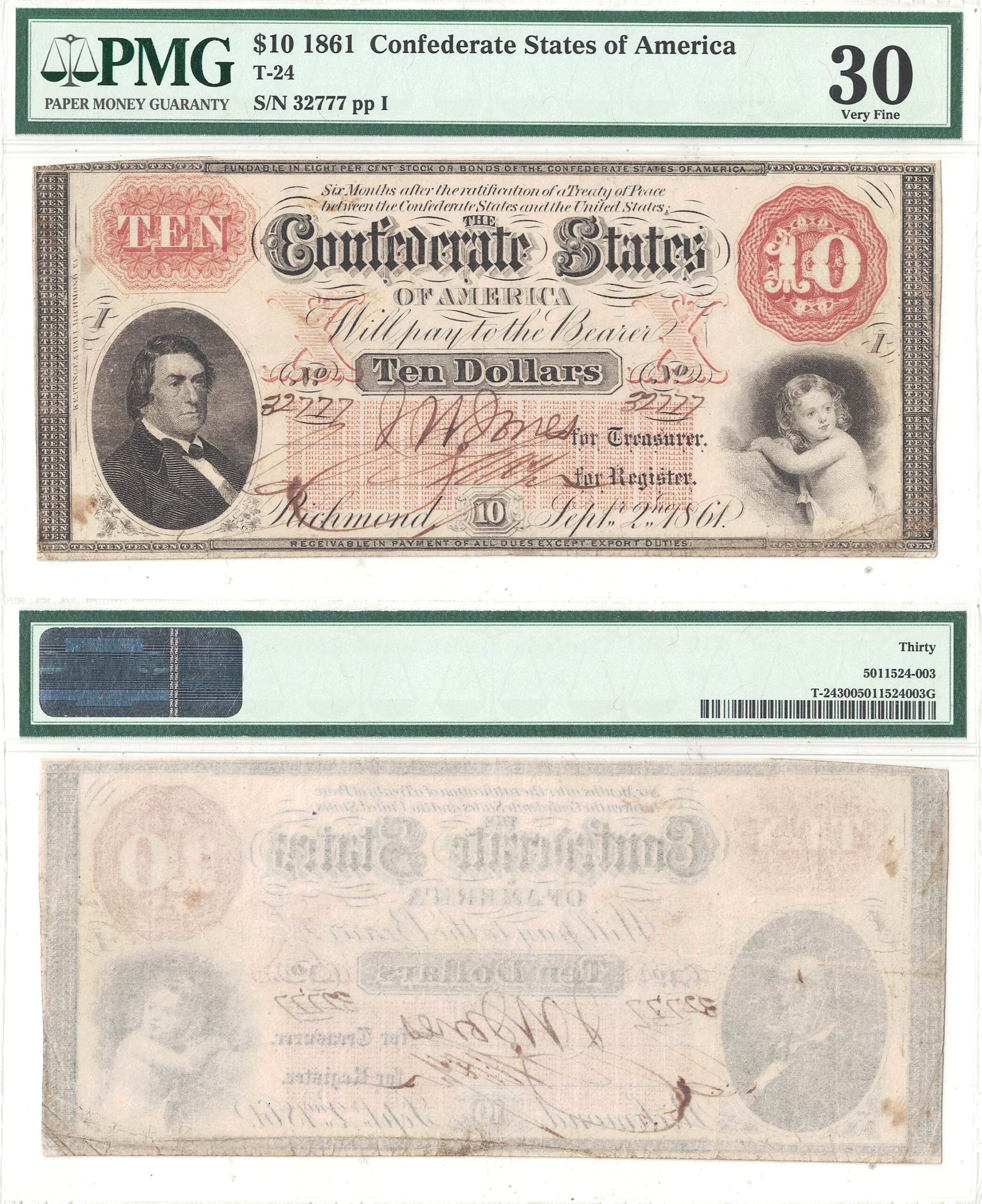 1861 $10 Confederate Note T-24 PMG VF-30