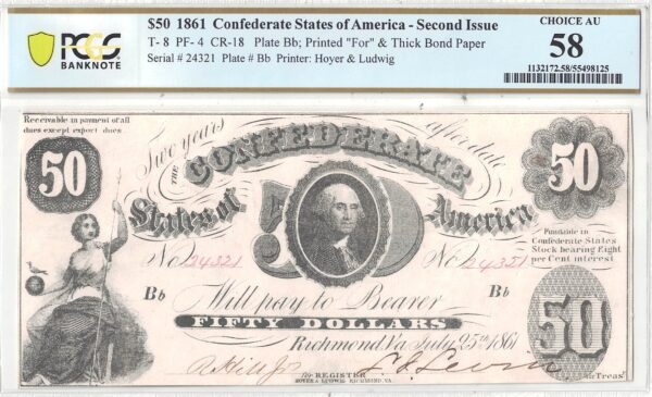 1861 $50 Confederate Note T-8 PCGS AU-58 - Image 2