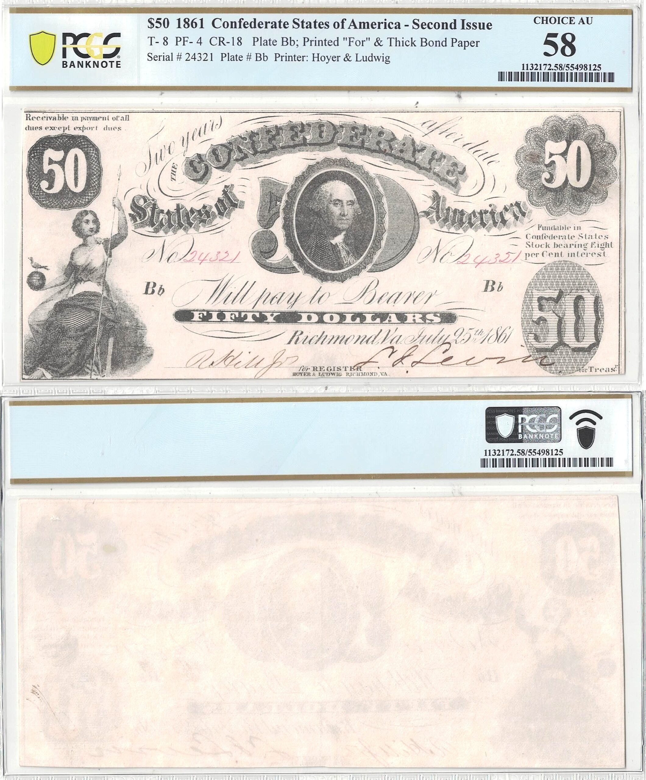 1861 $50 Confederate Note T-8 PCGS AU-58