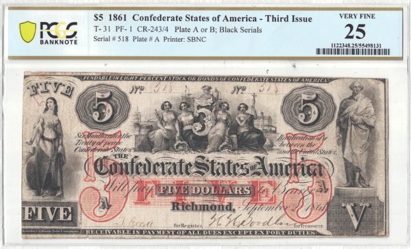 1861 $5 Confederate Note T-31 PCGS VF-25 - Image 2