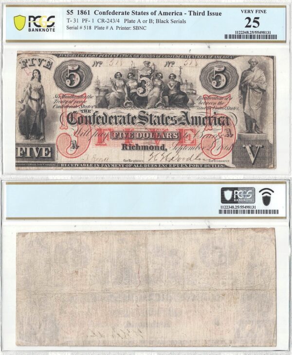 1861 $5 Confederate Note T-31 PCGS VF-25