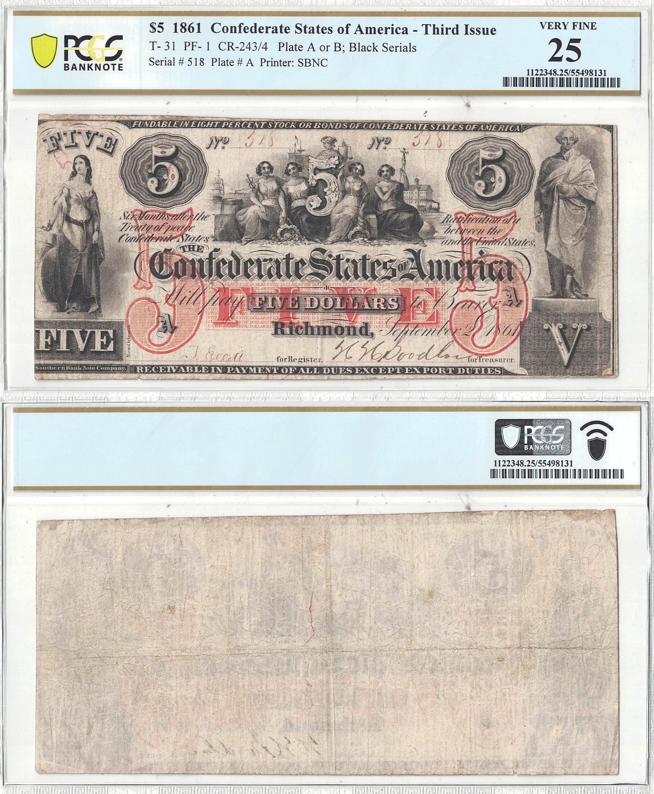 1861 $5 Confederate Note T-31 PCGS VF-25