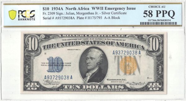 1934-A $10 North Africa Fr-2309 PCGS AU-58 PPQ - Image 2
