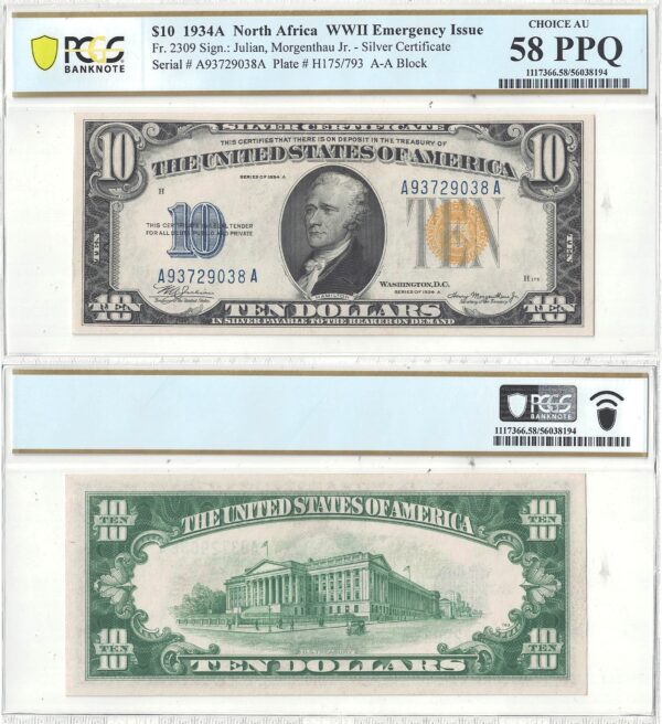1934-A $10 North Africa Fr-2309 PCGS AU-58 PPQ