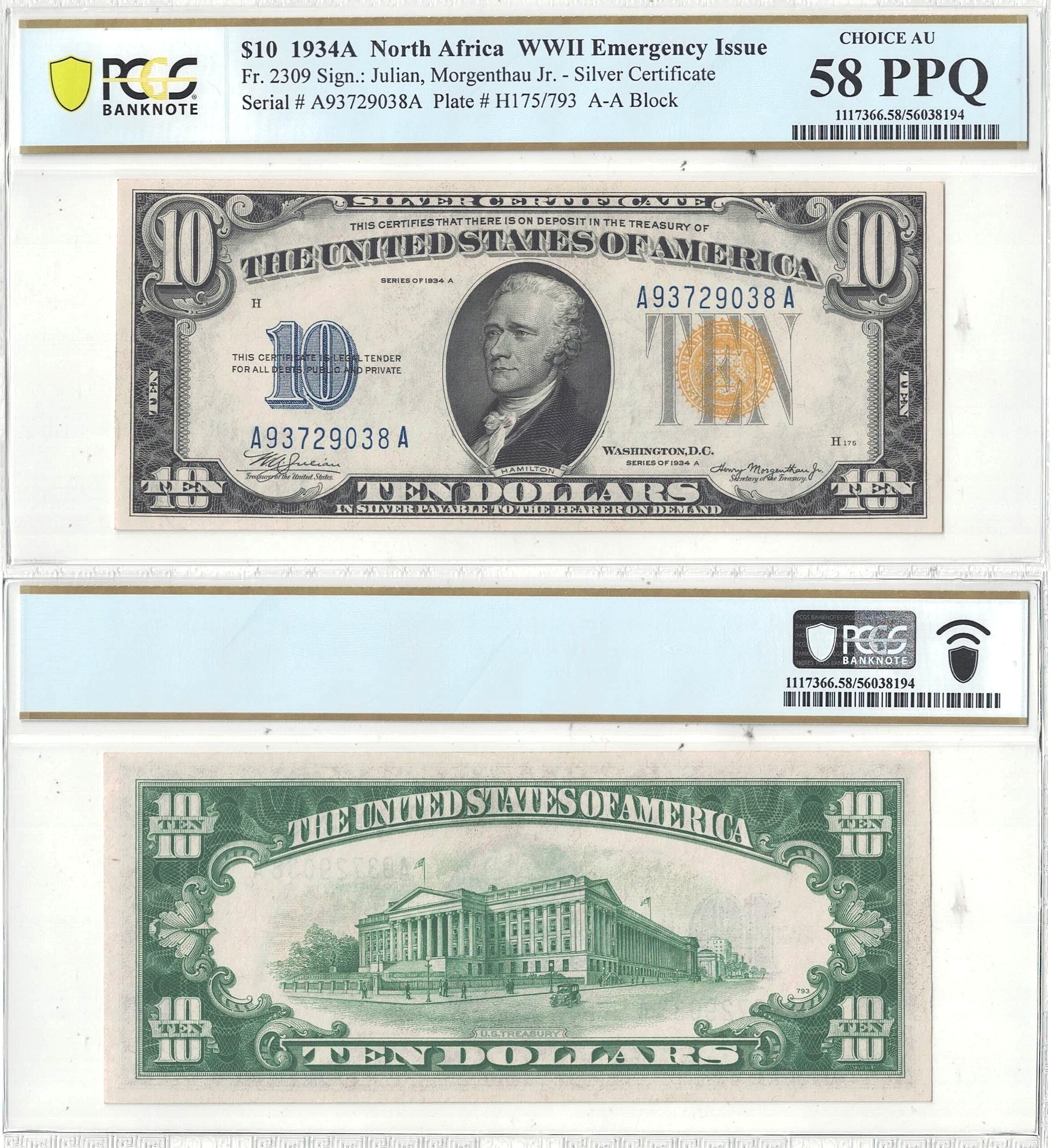 1934-A $10 North Africa Fr-2309 PCGS AU-58 PPQ