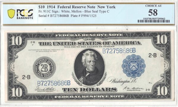 1914 $10 Federal Reserve Note Fr-911c PCGS AU-58 - Image 2