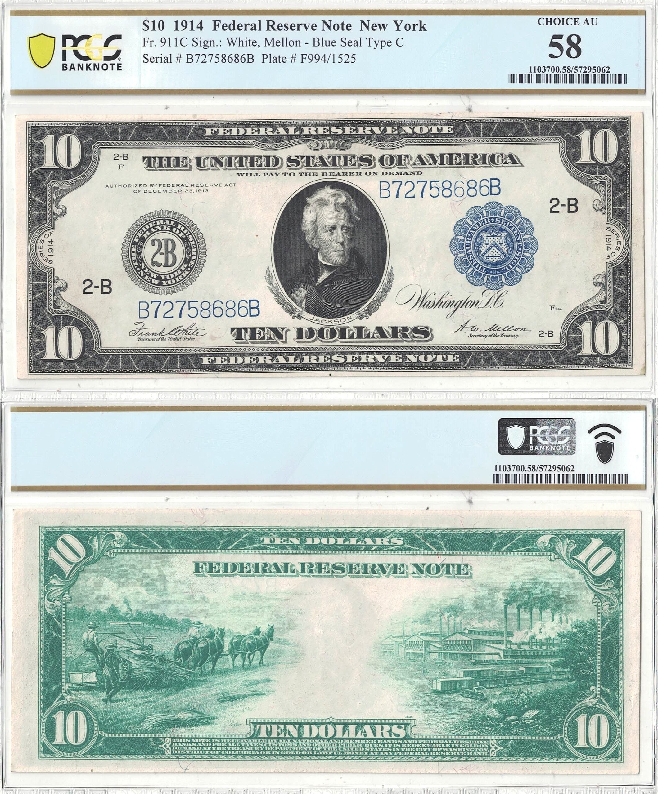 1914 $10 Federal Reserve Note Fr-911c PCGS AU-58