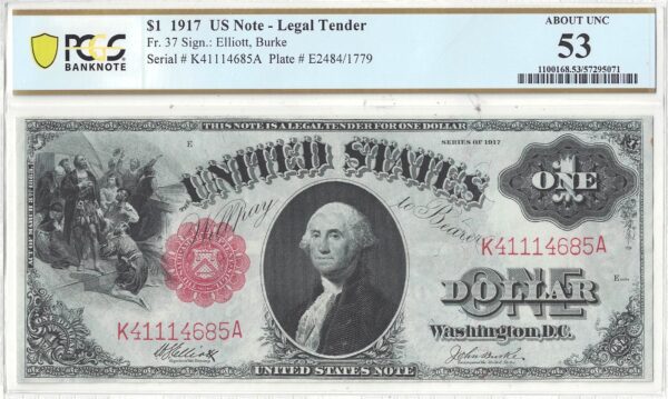 1917 $1 Legal Tender Note Fr-37 PCGS AU-53 - Image 2