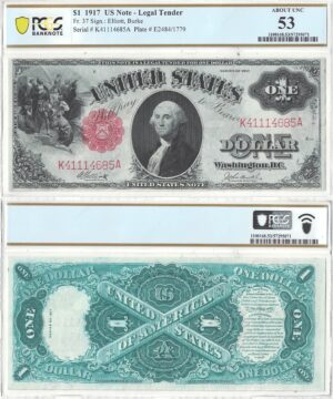 1917 $1 Legal Tender Note Fr-37 PCGS AU-53