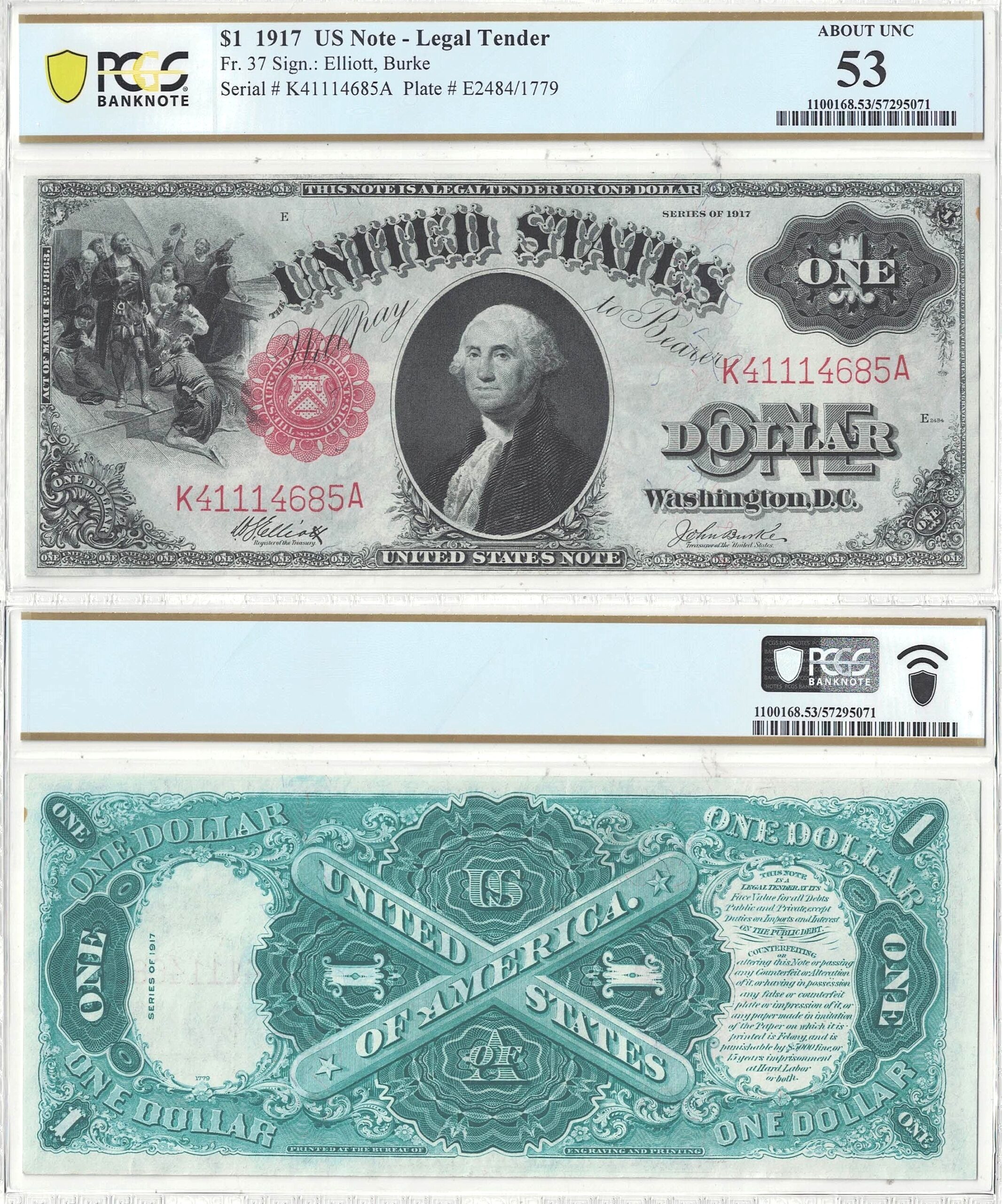1917 $1 Legal Tender Note Fr-37 PCGS AU-53