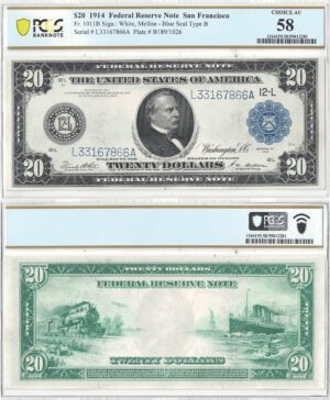 1914 $20 Federal Reserve Note Fr-1011b PCGS AU-58