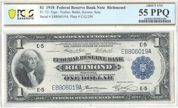 1918 $1 Federal Reserve Bank Note Fr-721 PCGS AU-55 PPQ - Image 2
