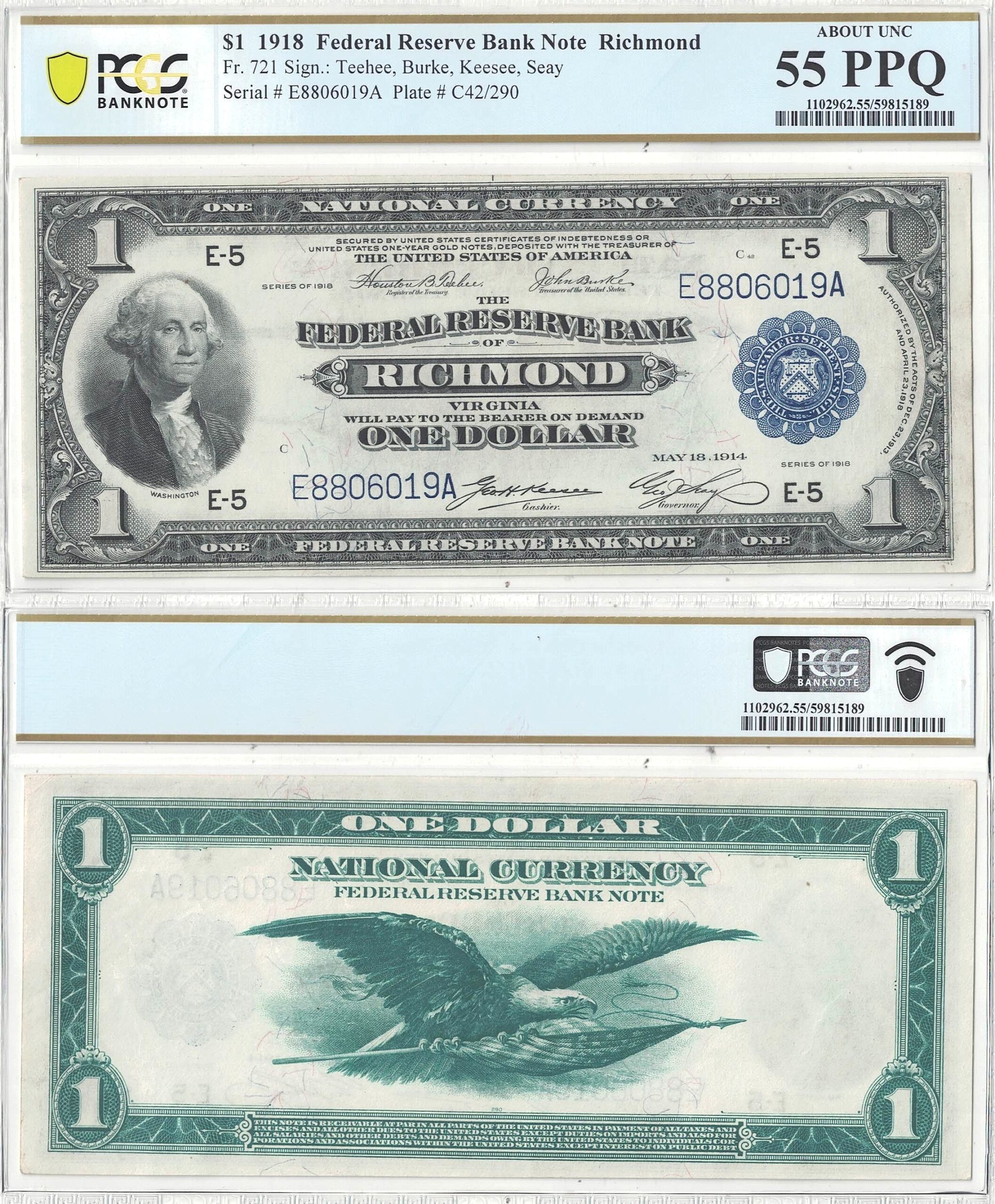 1918 $1 Federal Reserve Bank Note Fr-721 PCGS AU-55 PPQ